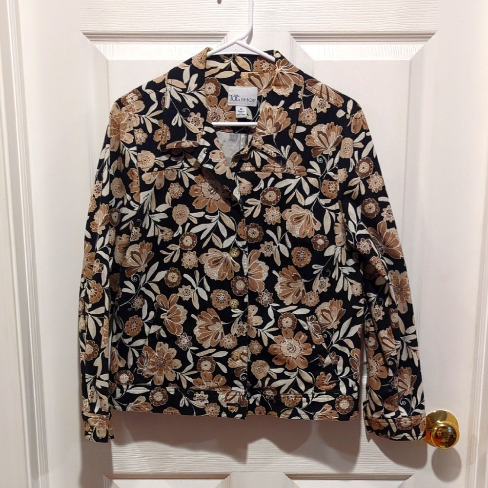 Vintage Cottagecore The Tog Shop Medium Black Brown Floral Button Up‎ Jacket